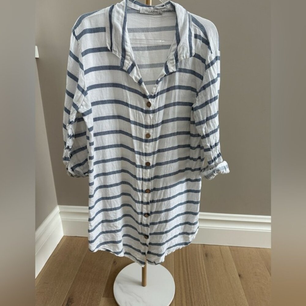 Viola Borghi Linen Striped Tunic Button Down Navy White Small